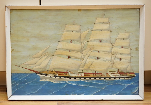 Naive English School, maritime oil on board, ‘Golden Fleece’, mongrammed and dated 1971, 35 x 52cm. Condition - poor